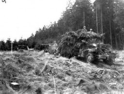 Une arme antiaérienne américaine, remorquée par un camion camouflé de treillis, se déplace jusqu'à sa position dans la forêt de Hürtgen pour assurer des tirs d'appui contre les cibles au sol. 6 novembre 1944. Corps de transmission de l'Armée américaine, photographie prise par C.A. Corrado.
