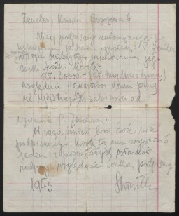 A letter from Salek and Eda Kuenstler to Sophia Zendler promising land in exchange for hiding their daughter. 
