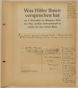 Scrapbook page with handwritten notes in black ink containing several pieces of paper.