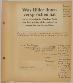 Page from volume 4 of a set of scrapbooks compiled by Bjorn Sibbern, a Danish policeman and resistance member, documenting the German occupation of Denmark. Bjorn's wife Tove was also active in the Danish resistance. After World War II, Bjorn and Tove moved to Canada and later settled in California, where Bjorn compiled five scrapbooks dedicated to the Sibbern's daughter, Lisa. The books are fully annotated in English and contain photographs, documents and three-dimensional artifacts documenting all aspects of the German occupation of Denmark. This page contains an anti-German broadside and a postcard from an internment camp sent by a member of the Danish navy.