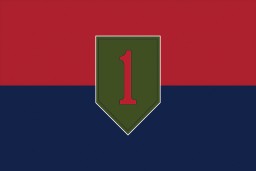 A digital representation of the United States 1st Infantry Division's flag. 
The US 1st Infantry Division (the "Big Red One" division) was formed in 1917 and fought in World War I. During World War II, they were involved in the Allied invasions of North Africa and Italy, as well as D-Day and the Battle of the Bulge. Additionally, the division captured the city of Aachen and liberated Zwodau and Falkenau an der Eger, two subcamps of Flossenbürg. The 1st Infantry Division was recognized as a liberating unit in 1993 by the United States Army Center of Military History and the United States Holocaust Memorial Museum (USHMM). 