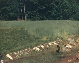 Un soldato americano in piedi tra i cadaveri di alcuni prigionieri, riesumati da una fossa comune in un burrone vicino a Nammering.