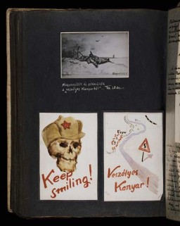 (Top) A drawing dated October 1942 depicting the events of August 28 when Beifeld was wounded near the front lines. His caption reads: "I get wounded and manage to get away from the dangerous bend in the [Don] river]." (Bottom left) Skull of a Soviet soldier with the caption 'Keep Smiling.' (Bottom right) Map entitled 'Dangerous Curve' depicting the bend in the Don River where the Soviet army was threatening to break through. [Photograph # 58061]
