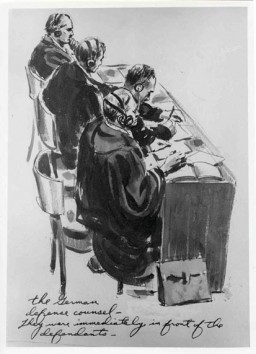Courtroom sketch drawn during the International Military Tribunal by American artist Edward Vebell. The drawing's title is "German defense counsel -- they are immediately in front of the defendants." 1945.