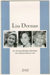 Cover of a memorial booklet for Lisa Derman (Lisa Derman: An Extraordinary Woman, An Extraordinary Life, published by Louis Weber Publications International, Ltd.).