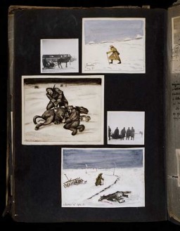 (Middle, left and bottom) In the drawing at the middle, left, Hungarian soldiers use an ax to cut up a dead horse in order to get meat to sustain themselves. The image at the bottom, titled "The Long Trip, February 1943," shows a Hungarian soldier walking along a road past a dead horse and an abandoned harrow that is half buried in the snow. [Photograph #58110]
