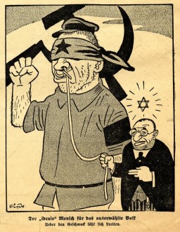 Caricature antisémite montrant un Juif qui tient en laisse un fonctionnaire soviétique. Légende : « La personne “idéale” pour le peuple élu : les goûts, ça ne se discute pas. »