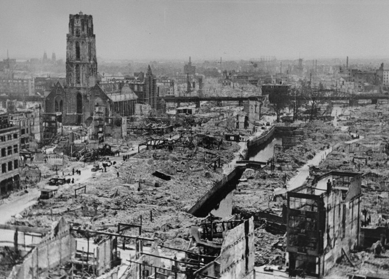 View of Rotterdam after German bombing during the Western Campaign in May 1940. Rotterdam, the Netherlands, May 1940.