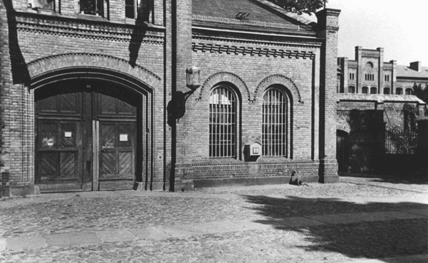 Entrance to the Ploetzensee prison. At Ploetzensee, the Nazis executed hundreds of Germans for opposition to Hitler, including many of the participants in the July 20, 1944, plot to kill Hitler. Berlin, Germany, postwar.