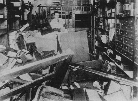 Jewish-owned store vandalized during the January 21-23 Iron Guard pogrom. [LCID: 80065]