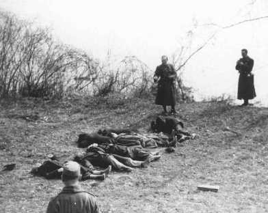Arrow Cross Party members execute Jews along the banks of the Danube River.
