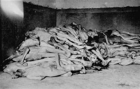 The bodies of former prisoners are piled in the crematorium mortuary in the newly liberated Dachau concentration camp. [LCID: 06112]