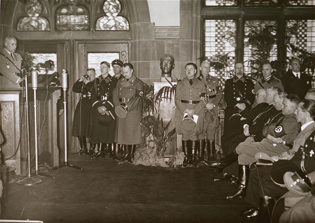 Nazi officials and Catholic bishops listen to a speech by Wilhelm Frick, Reich Minister of the Interior, at an official ceremony in the Saarbrucken city hall marking the reincorporation of the Saarland into the German Reich. March 1, 1935.
Among those pictured is Joseph Goebbels (seated at the far right), Franz Rudolf Bornewasser (Bishop of Trier) and Ludwig Sebastian (Bishop of Speyer).