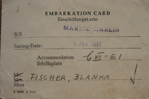 Blanka's embarkation card for the SS Marine Marlin, with a sailing date in 1947. [LCID: roth3]