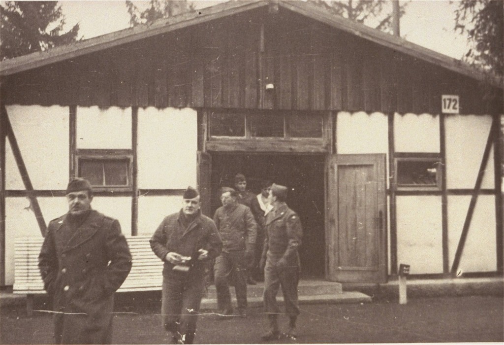 American soldiers finish their inspection of Dachau's first crematorium.