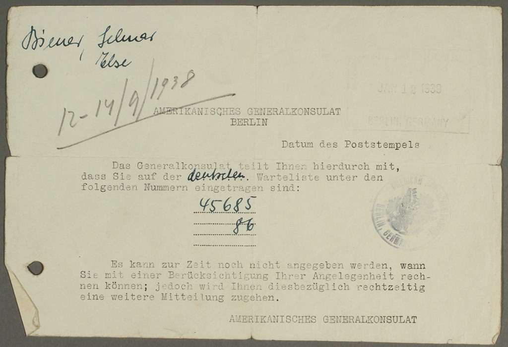 <p>Selmar and Elsa Biener joined the waiting list for US immigration visas in September 1938. Their waiting list numbers—45,685 and 45,686—indicate the number of people who had registered with the US consulate in Berlin. By September 1938, approximately 220,000 people throughout Germany, mostly Jews, were on the waiting list.</p>