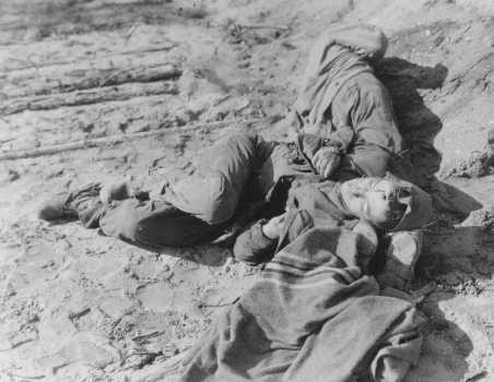 Polish and Russian forced laborers shot by the SS after they had collapsed from exhaustion during a death march.