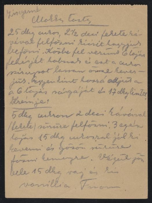 Mrs. Zinger's recipe for "mocha cake," transcribed by Ilona Kellner on the back of a blank munitions factory form