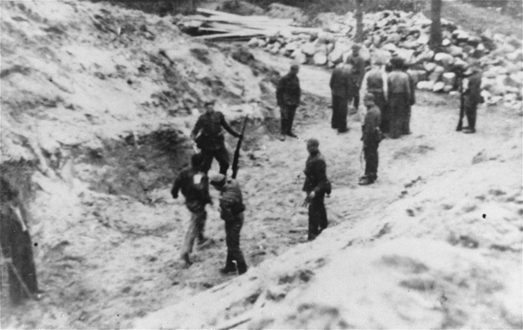 Jewish men being led into the Ponary forest