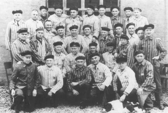 A group of Jehovah's Witnesses in their camp uniforms after liberation.