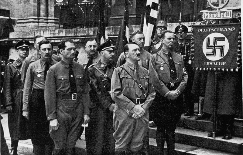 Adolf Hitler and other participants in the Hitler Putsch, during the annual anniversary celebration of his failed attempt to seize ... [LCID: 05388]