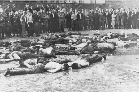 Crowd views the aftermath of a massacre at Lietukis Garage, where pro-German Lithuanian nationalists killed more than 50 Jewish men. [LCID: 14207]
