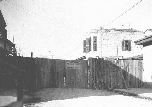 <p>Entrance to the Baron de Hirsch transit camp. Salonika, Greece, 1943.</p>