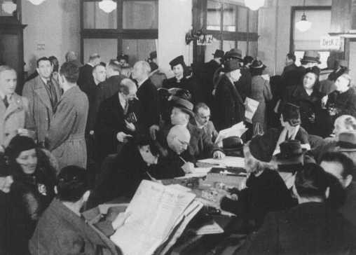 German Jews crowd the Palestine Emigration Office in an attempt to leave Germany.