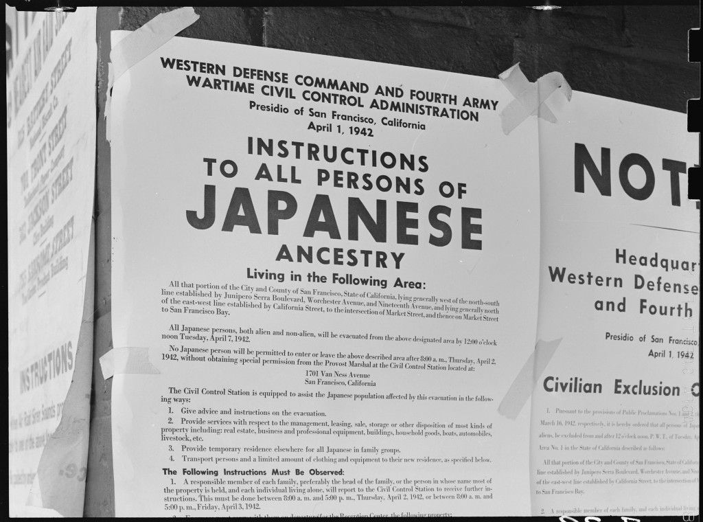 A notice posted on a wall in San Francisco, California, lists “evacuation” instructions for the area’s Japanese American residents, 1942. 

Japanese Americans were deported, first to temporary “assembly centers,” and from there to relocation centers in remote areas of the United States.