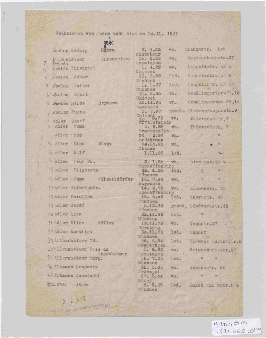 <p>The SS compiled lists of Jews who were to be deported to ghettos, concentration camps, and killing centers. This document provides the names, birthdates, marital status, and addresses of Jews who were “evacuated” on November 20, 1941 from Germany to the Riga ghetto in German-occupied Latvia.</p>