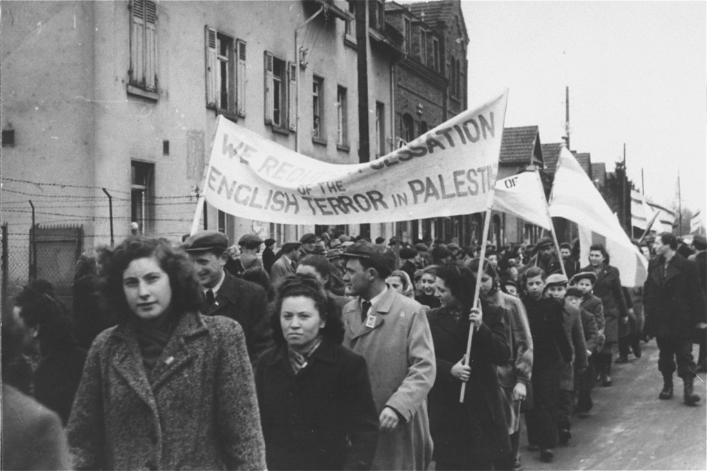 Jewish refugees protest British immigration policy in Palestine.