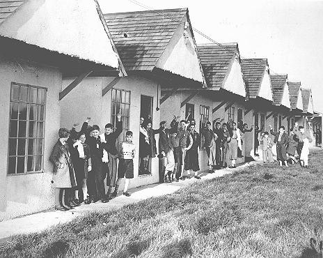 Jewish refugee children from Germany—part of a Children's Transport (Kindertransport)—at the holiday camp at Dovercourt Bay, near Harwich, shortly after their arrival in England.