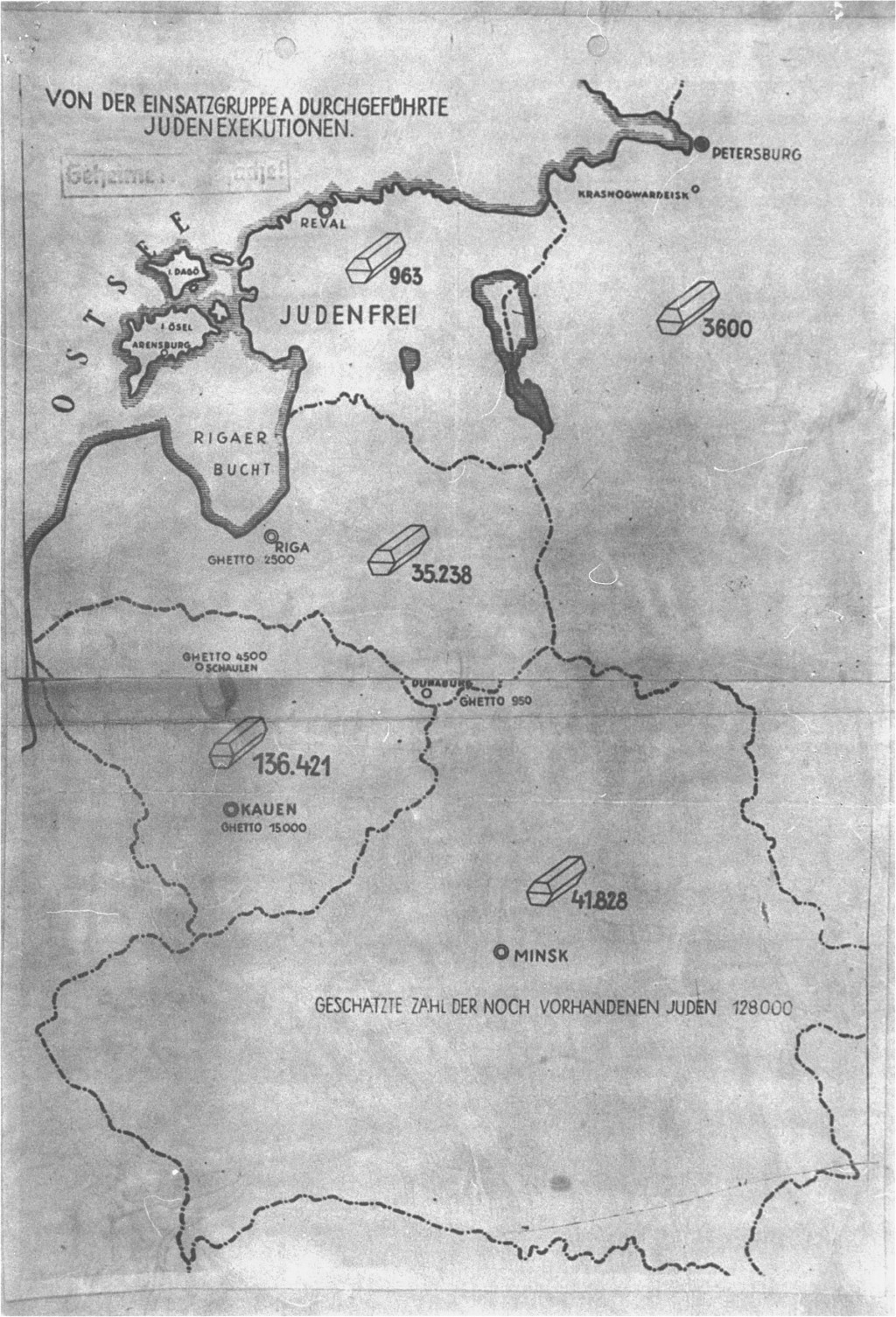 This map accompanied a secret undated German report on the mass murder of Jews by Einsatzgruppen A (mobile killing unit A). During the International Military Tribunal at Nuremberg, the map was introduced as evidence by both the American and British prosecution teams. The document, entitled "Jewish Executions Carried Out by Einsatzgruppen A" and stamped "Secret Reich Matter," shows the number of Jews executed (symbolized by coffins) in the Baltic states and Belorussia by late 1941. The legend near the bottom states that "the estimated number of Jews still on hand [was] 128,000."