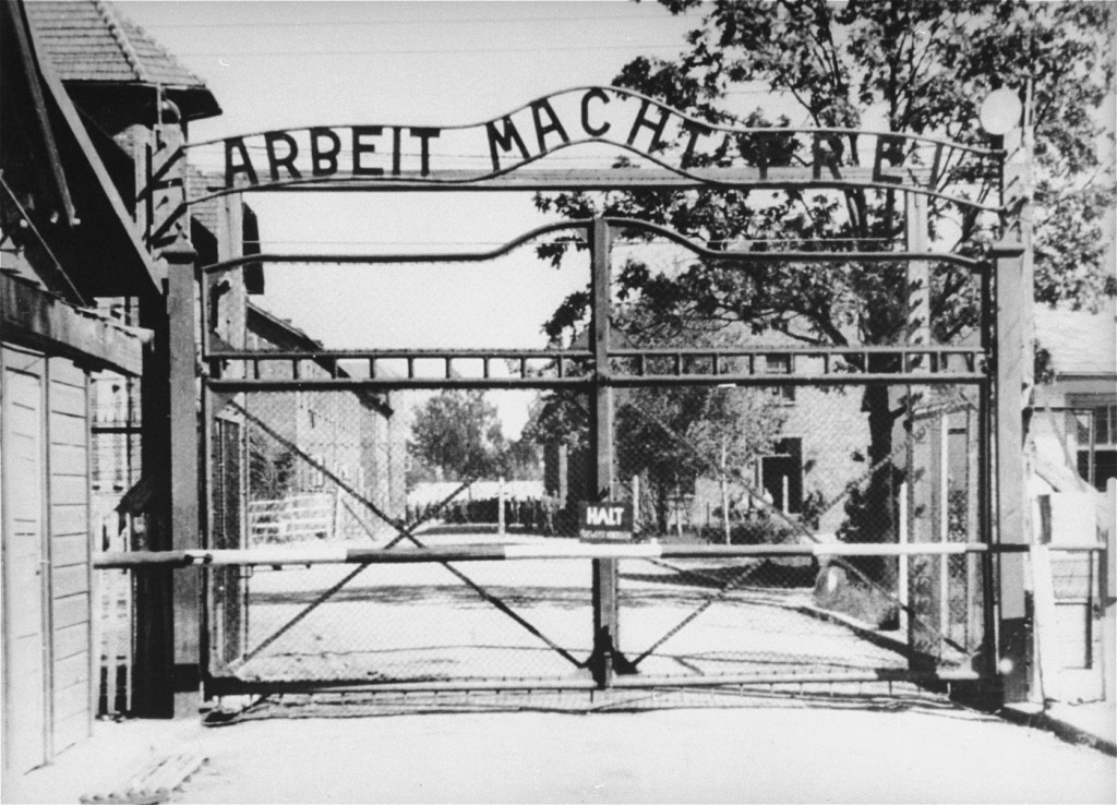 View of the main entrance to the Auschwitz camp: "Arbeit Macht Frei" (Work makes one free).