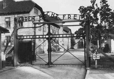  Entrance gate at the Auschwitz camp: "Arbeit Macht Frei" (Work makes one free). [LCID: 36141]
