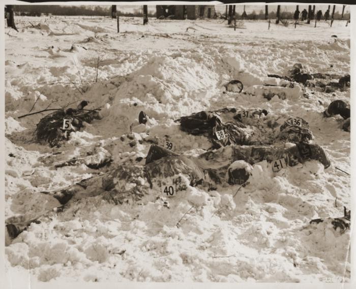 <p>Bodies of US soldiers killed by Waffen SS troops during the Malmedy Massacre on December 17, 1944. Photograph taken in January 1945. </p>