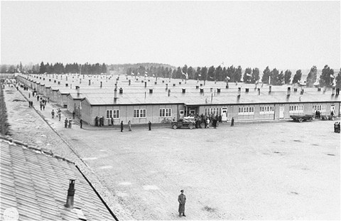 View of prisoners' barracks soon after the liberation of the Dachau concentration camp.