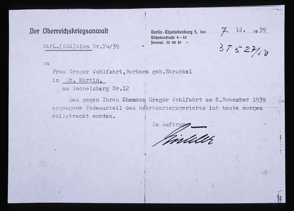 Notice of Gregor Wohlfahrt's execution [LCID: 19984x2f]