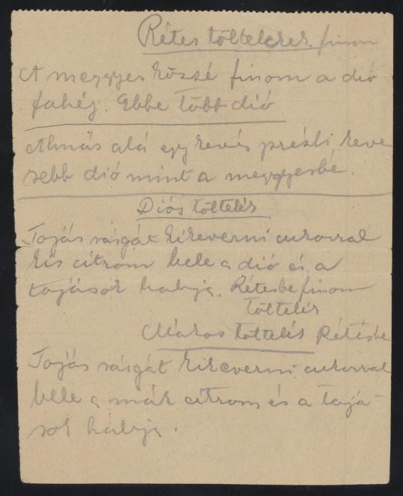 Ilona Kellner's recipe for various strudel fillings," written on the back of a blank munitions factory form