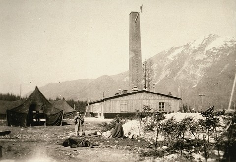 <p>View of the crematorium building in the Ebensee subcamp of the Mauthausen concentration camp. This photograph was taken after the liberation of the camp. Ebensee, Austria, after May 6, 1945.</p>
