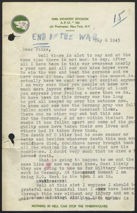Letter page 1 of 2 from Rudolph Daniel Sichel to his family discussing the end of the War in Europe