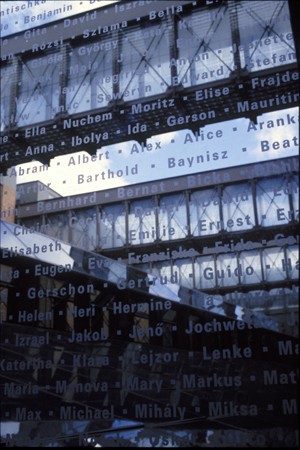 <p>Detail of an interior bridge at the United States Holocaust Memorial Museum with the names of victims etched in glass. Washington, DC, 1996.</p>