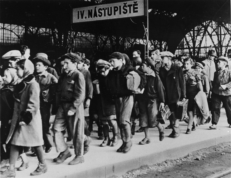 <p>A transport of 200 Jewish children, fleeing postwar antisemitic violence in Poland, arrives at the Prague railroad station. The children are on their way to <a href="/narrative/6365">displaced persons</a> camps in the American-occupied zone of Germany. Prague, Czechoslovakia, July 15, 1946.</p>