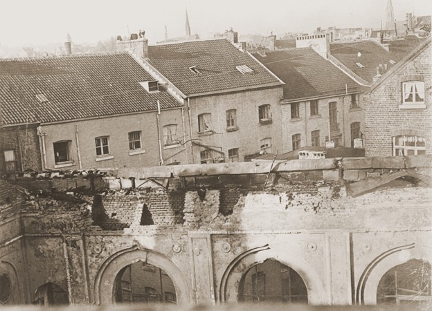 View of the old synagogue in Aachen after its destruction on Kristallnacht.