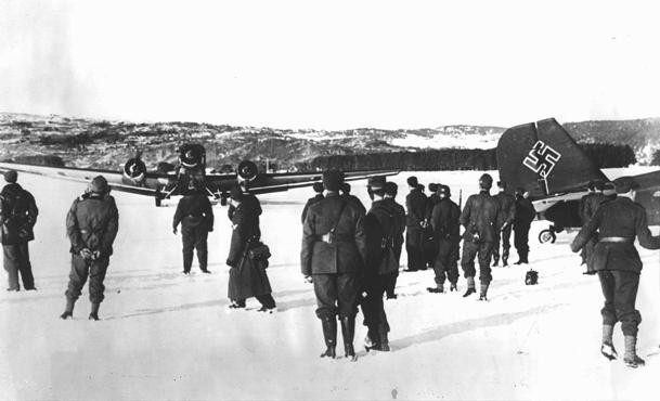 German troops and bombers on an improvised airfield during the battle for Norway, May 3, 1940. [LCID: 91245a]