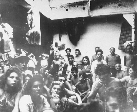 Refugees, previously passengers on the ship "Exodus 1947," crowded on a British deportation ship.