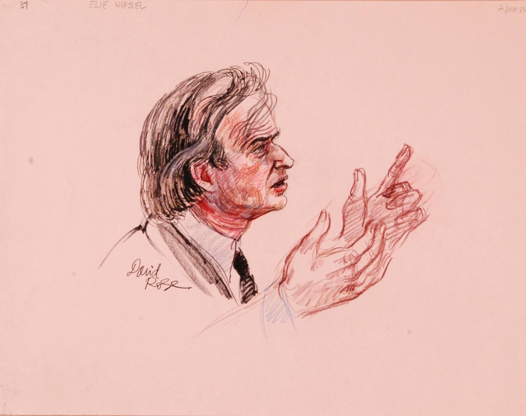 <p>Courtroom sketch by artist David Rose of Nobel laureate and Holocaust survivor <a href="/narrative/10130">Elie Wiesel</a> on the witness stand at the trial of Klaus Barbie. During his testimony, Wiesel stated that "The killer kills twice. First, by killing, and then by trying to wipe out the traces." June 2, 1987.</p>