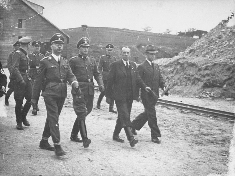 SS chief Heinrich Himmler (front row, left) and Mauthausen commandant Franz Ziereis (second from left) inspect the Mauthausen concentration camp.