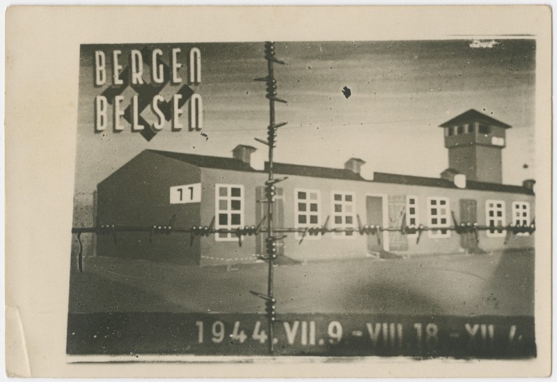 Commemorative postcard with a drawing of barrack 11 of Bergen-Belsen and marking the time the people on the Kasztner train spent in the camp. The Jews from the Kasztner transport lived in two barracks, 10 and 11, inside Bergen-Belsen. (This was probably drawn by the Hungarian artist Robert (Imre) Irsay who himself was on the Kasztner transport.)