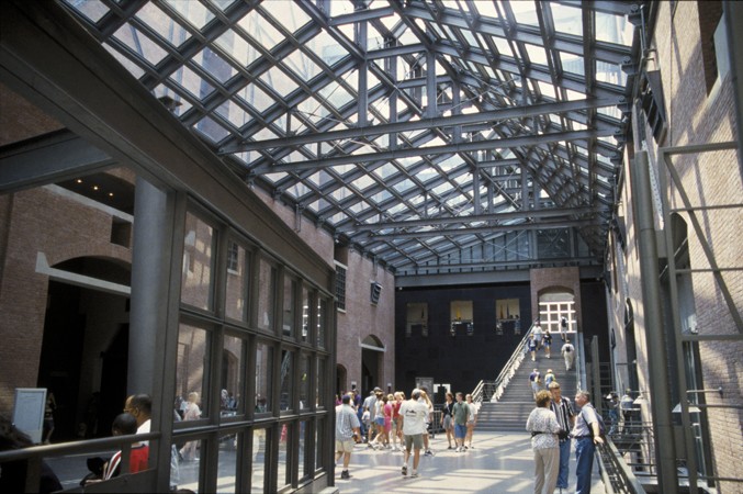Visitors in the Hall of Witness at the United States Holocaust Memorial Museum.